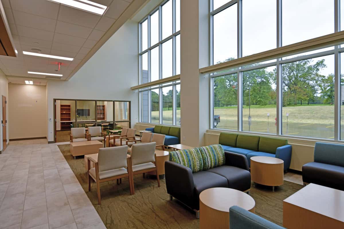 Windows and interior furniture of Green County Government Services Building.