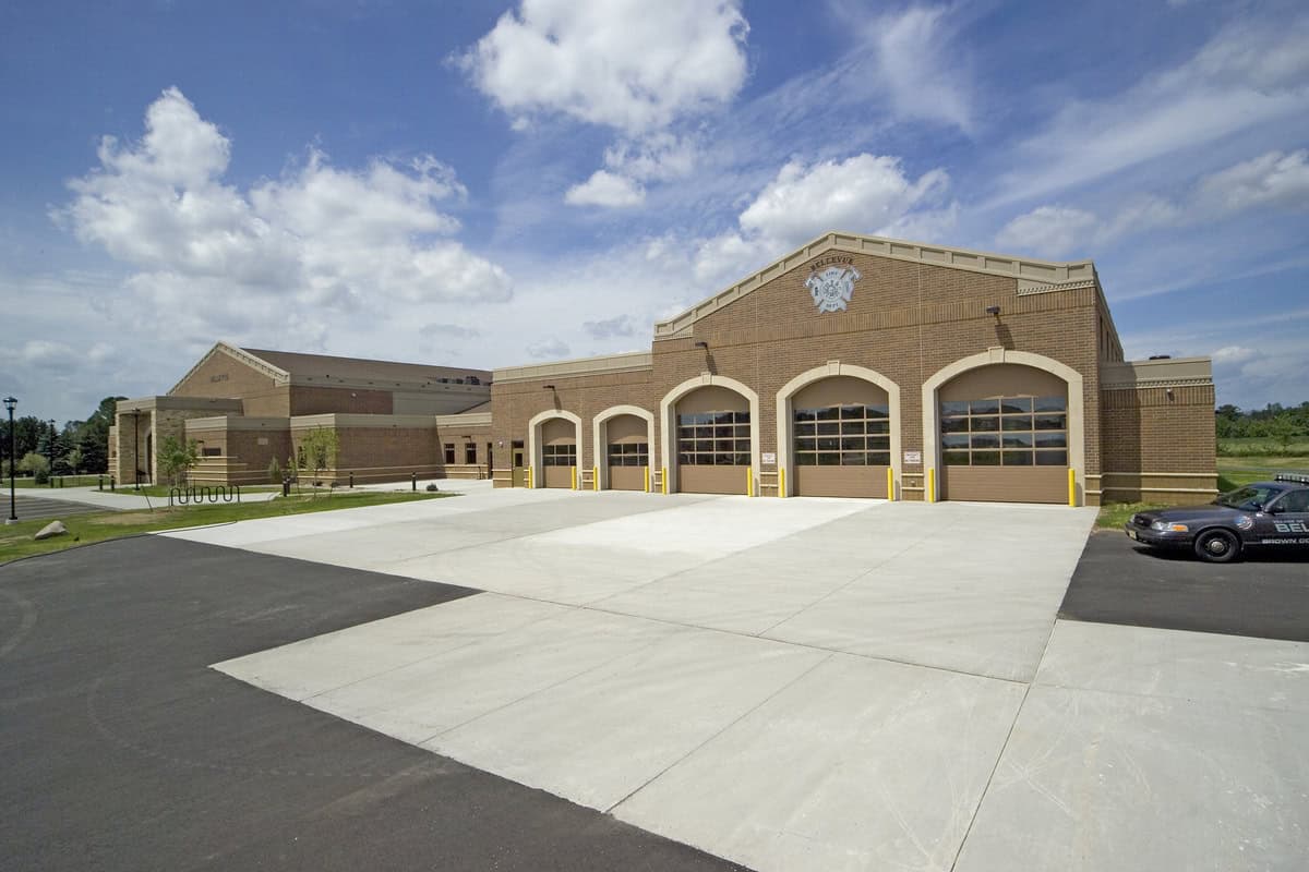 Front view of Bellevue Public Safety building. Garage doors leading to fire truck garage.